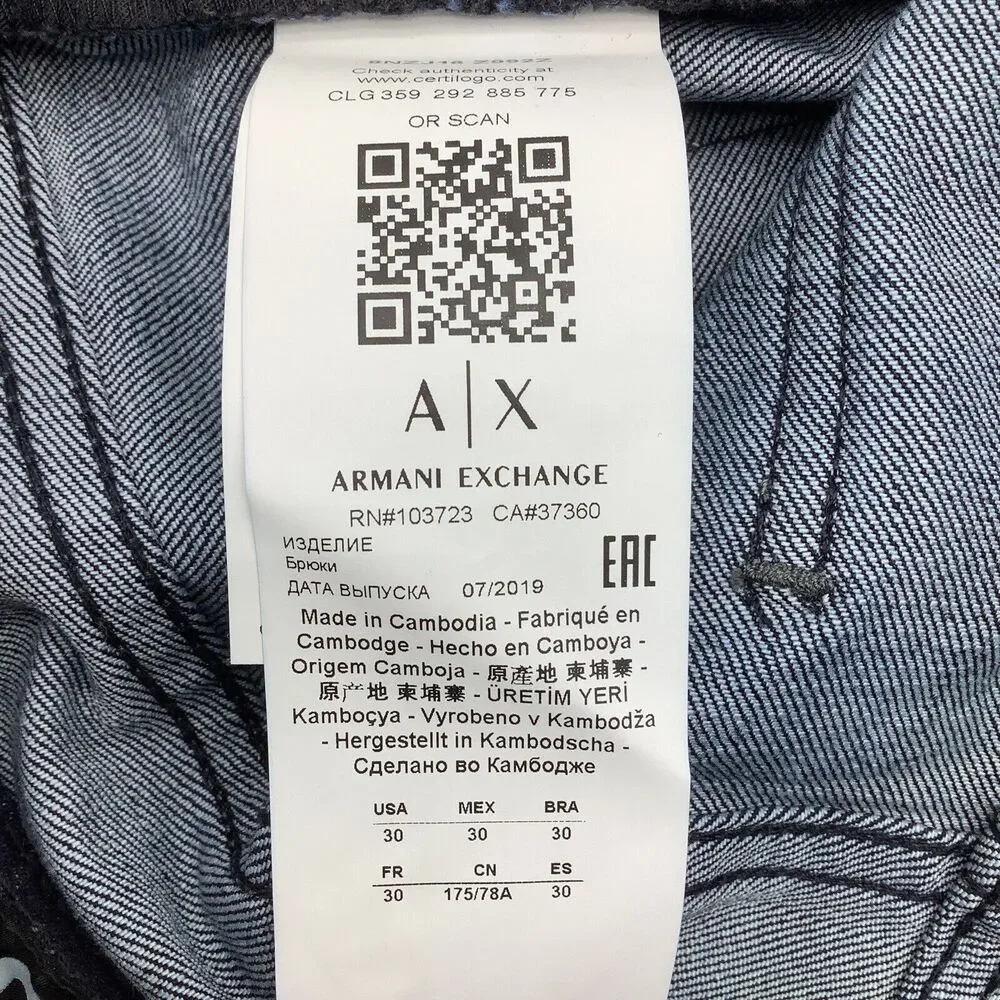 Armani Exchange‎ AX Mens J16 Straight Jeans Size 30 x 28.5 NWT